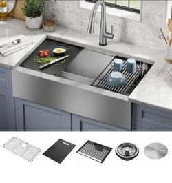 Rivet 16- Gauge Stainless Steel 36 in. Single Bowl Undermount Farmhouse Apron Workstation Kitchen Sink with Accessories