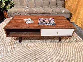 Title: Mid-Century Modern Wood Coffee Table with Storage & Drawer