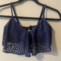 Arizona, Women’s Navy Blue Lasercut Flounce  Padded Swimsuit Top, Size M
