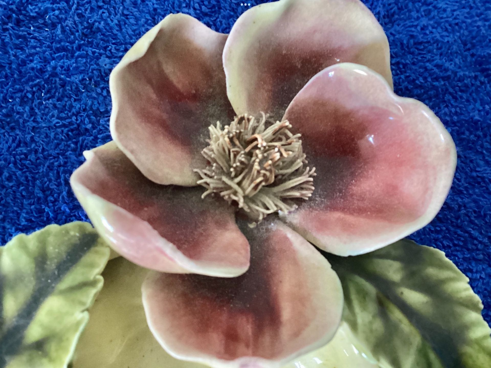 1940s Art Nouveau Style Porcelain Dish / Ashtray + Bowl Applied Magnolia Hand Painted Flowers