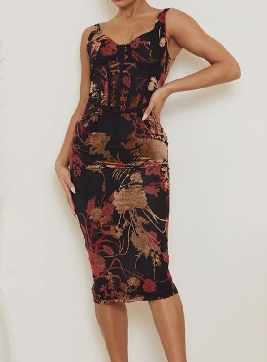 Floral Flocked Sleeveless Corset Dress