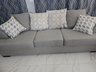 Gray Fabric 3-Seater Sofa with Throw Pillows