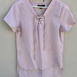 Pink Lace-Up V-Neck Blouse Small