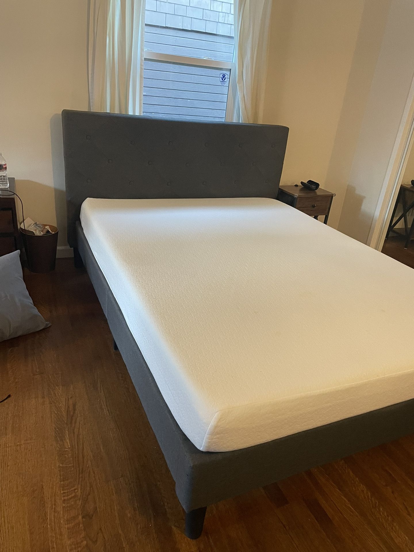 Queen Size Zinus Upholstered Bed Frame + Memory Foam Mattress