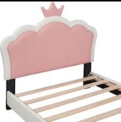 Princess Crown Pink & Cream Bed Frame Headboard - Upholstered Twin Size