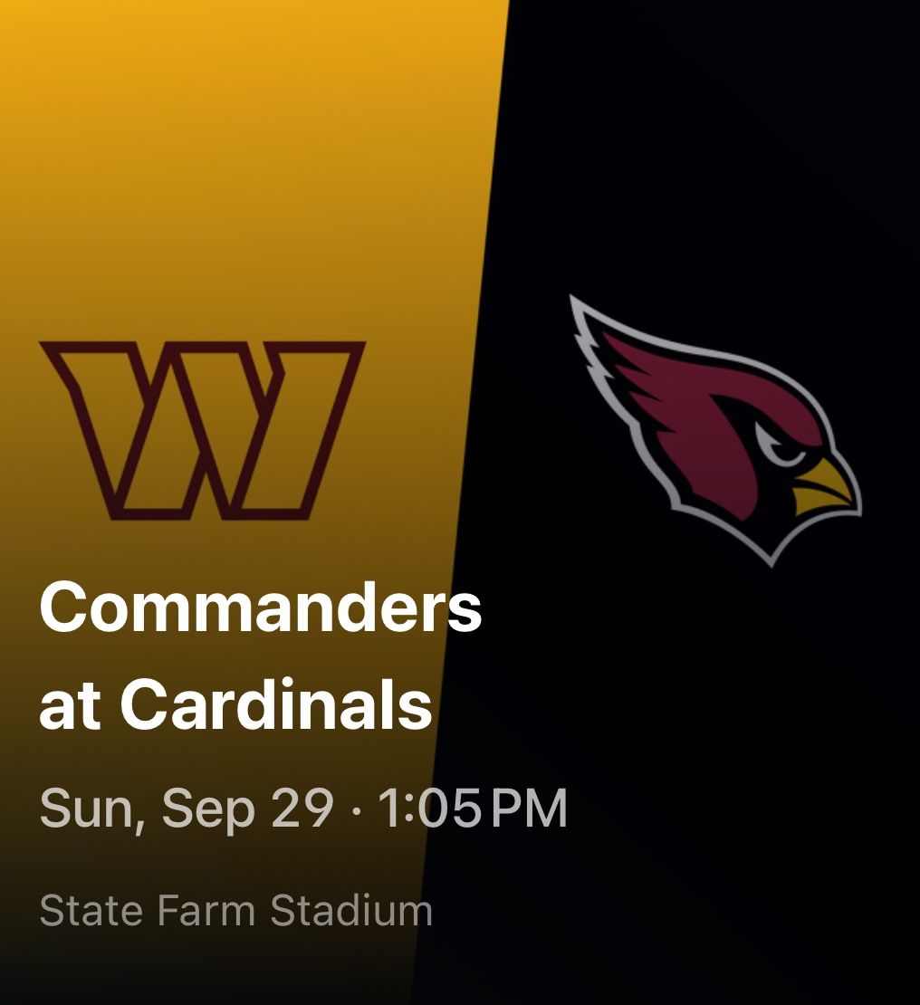 Washington Commanders At Arizona Cardinals Sec 135 row 10 And Sec 136 row 11.  
