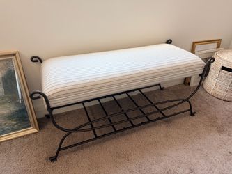 Wrought Iron Upholstered Bench with Bottom Shelf