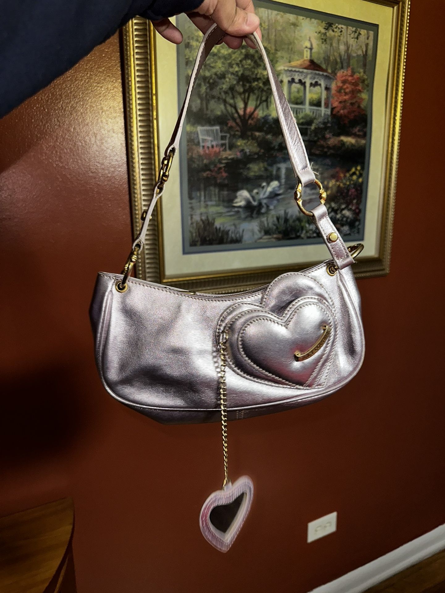Vintage Pink Silver Juicy Couture Purse Y2K Shoulder Bag Handbag Satchel Heart