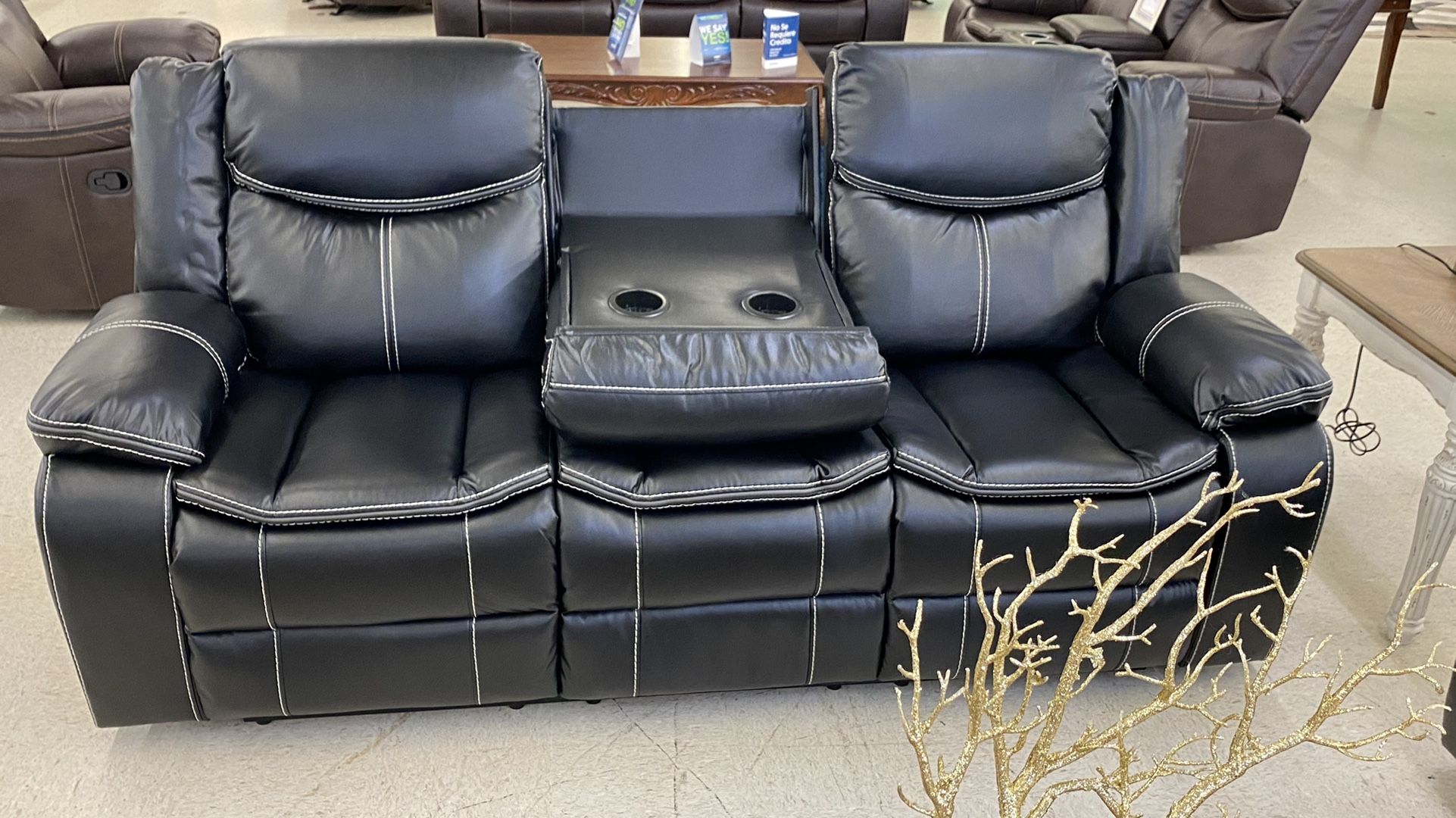 Brand New Black Leather Manual Reclining Sofa Set . $39 Down Payment Foe No Credit Check Financing . We Do Same Day Delivery