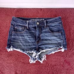 American Eagle Denim Shorts Hi-Rise Cheeky Shortie Dark Wash Super Stretch Sz 10