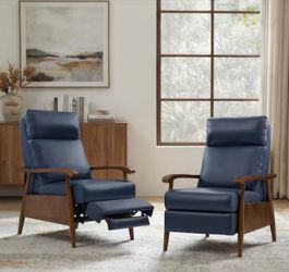 Set Of 2 Navy Cowhide Leather Armchair Manual Push Back Wooden Recliner Chair for Living Room