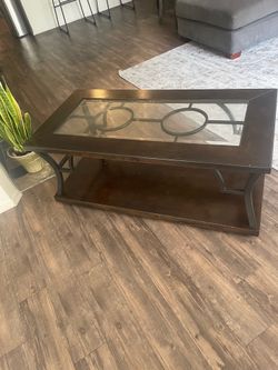 Dark Wood & Glass Coffee Table with Storage Shelf
