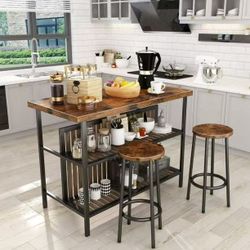 3 Piece Dining Table Set, Faux Marble Dining Room Table Set with 2 Tier Storage Shelves, Bar Table Set with Stools, Kitchen Island with Storage for Re