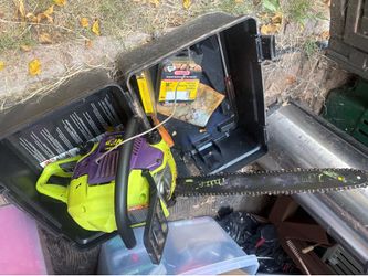 Chainsaw, bed, set of box springs golf, clubs, and printers