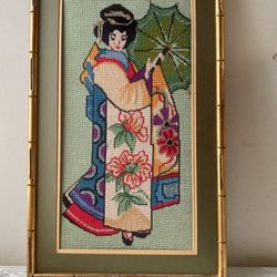Needlepoint Gorgeous Stitch Geisha. Rare Vintage. 