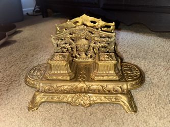1920’s  Antique French Brass Double Inkwell with Letter Holde