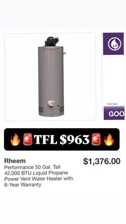 Rheem Performance 50 Gal. Tall 42,000 BTU Liquid Propane Power Vent Water Heater with 6-Year Warranty