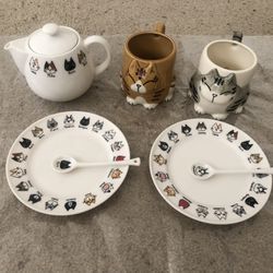 New Rare Japanese Cat Dish Set, Cat Tea Set 7 Pieces, Cat Teapot Mugs Spoons Dishes 