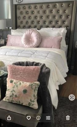 Queen Size Gray Tufted Upholstered Headboard with Nailhead Trim
