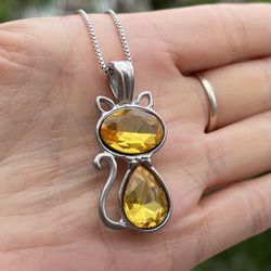 Cute Girls Women Faux Yellow Citrine Lucky Kitty Cat Pendant Necklace On sale 