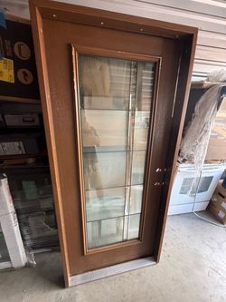 Masonite Impact Crosslines 36-in × 80-in Fiberglass Full Lite Left-Hand Inswing Woodhaven Stained Single Front Door