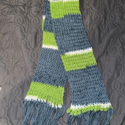 Home Made Crochet Scarf And Blue ,green,white.
