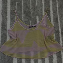 Mid 2000’s Volcom Women's Pink/Green Striped Sheer Mesh Spaghetti Strap Cami Top