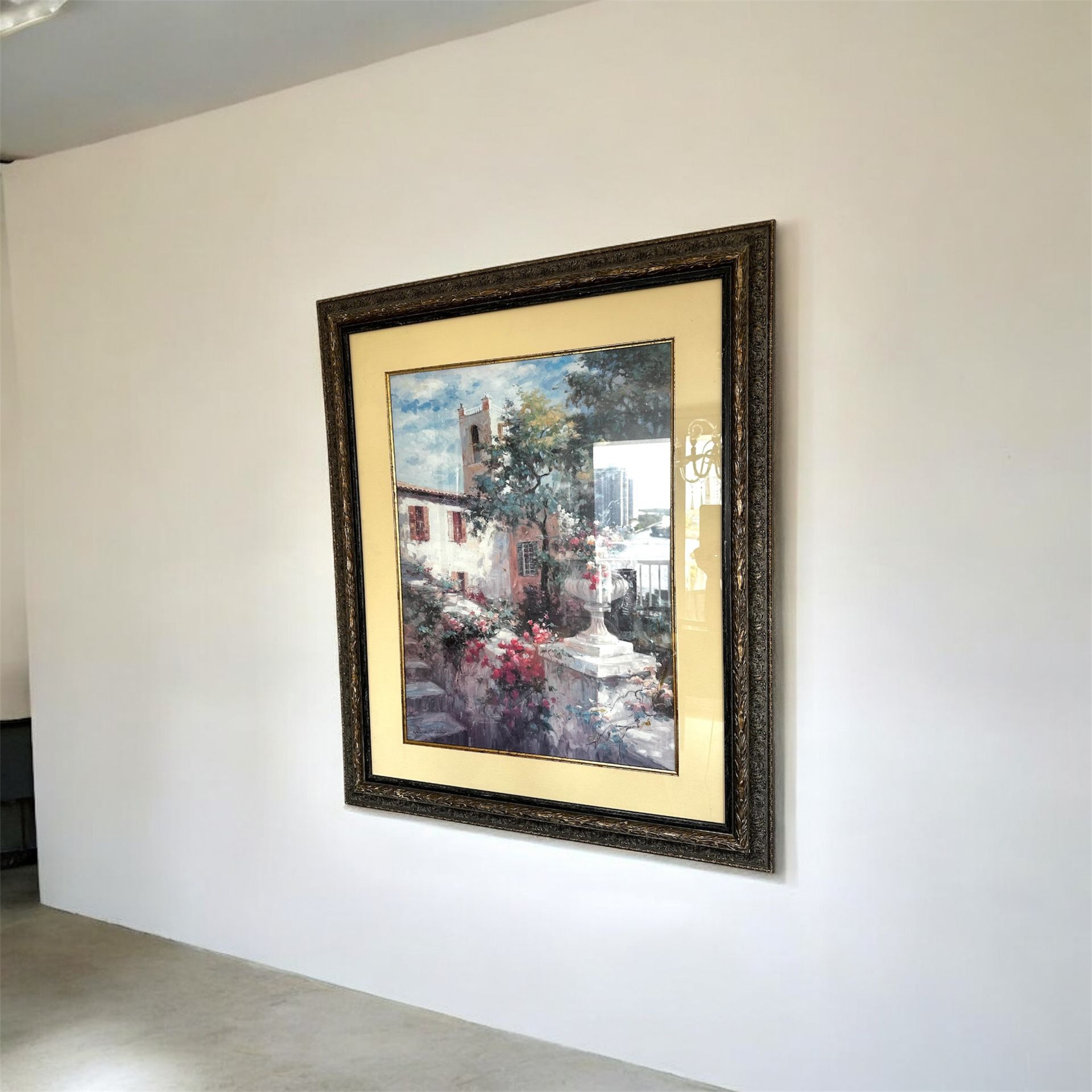 European Garden Fountain Painting-framed Under Glass