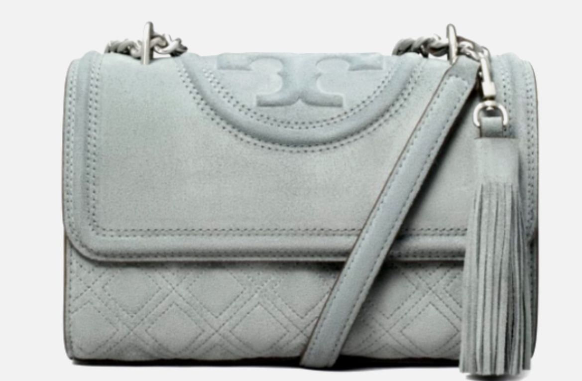 Tory Burch Fleming Suede Convertible Shoulder Bag Tassel Blue Clay Silver