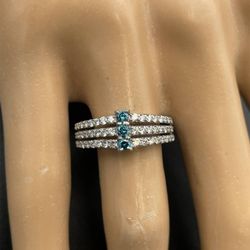 0.88 Ctw FANCY BLUE & WHITE DIAMOND THREE STONE MULTI ROW TRIPLE  CHANNEL  RING IN PLATINUM 