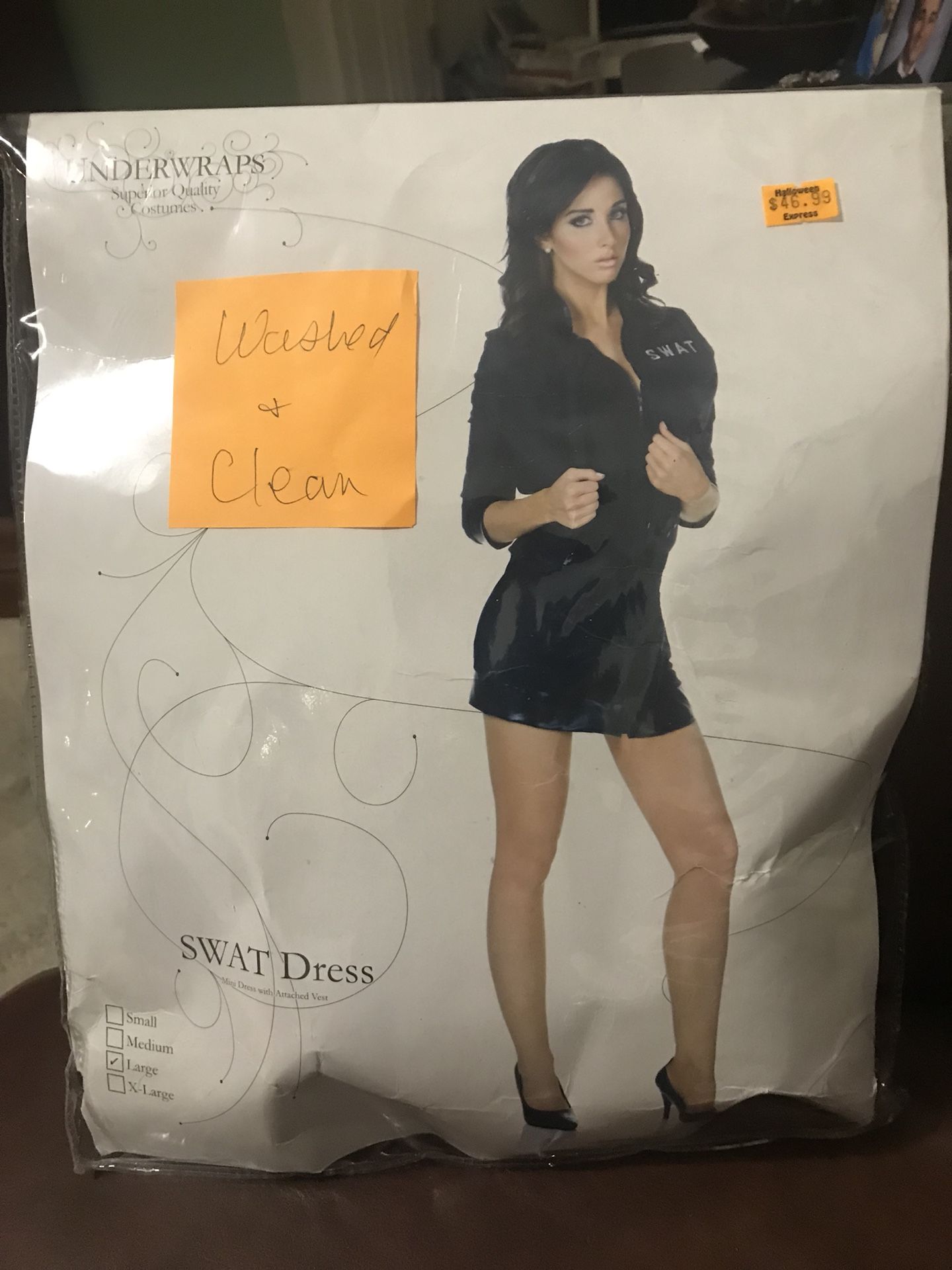 Large Swat Woman Halloween Costume. Like brand new. I washed it and it’s clean and ready to wear. Looks great on and has knee highs. It cost 46.99 +