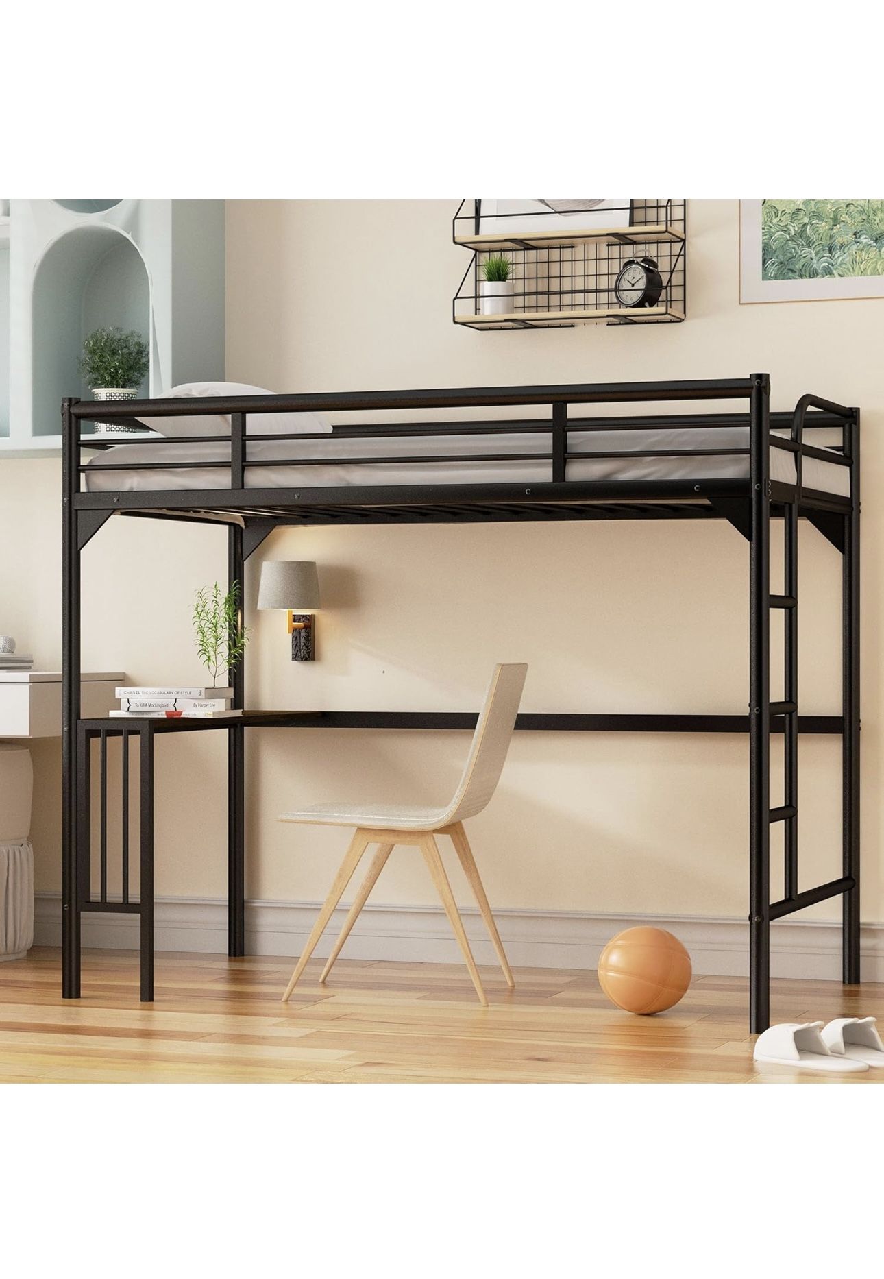 Twin Metal Loft Bed with Desk, Ladder and Guardrails,bookdesk Under Bed, Black