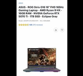 ASUS - ROG Strix G16 16" FHD 165Hz Gaming Laptop - AMD Ryzen 9 HX - 16GB RAM - NVIDIA GeForce RTX 5070 Ti - 1TB SSD - Eclipse Gray