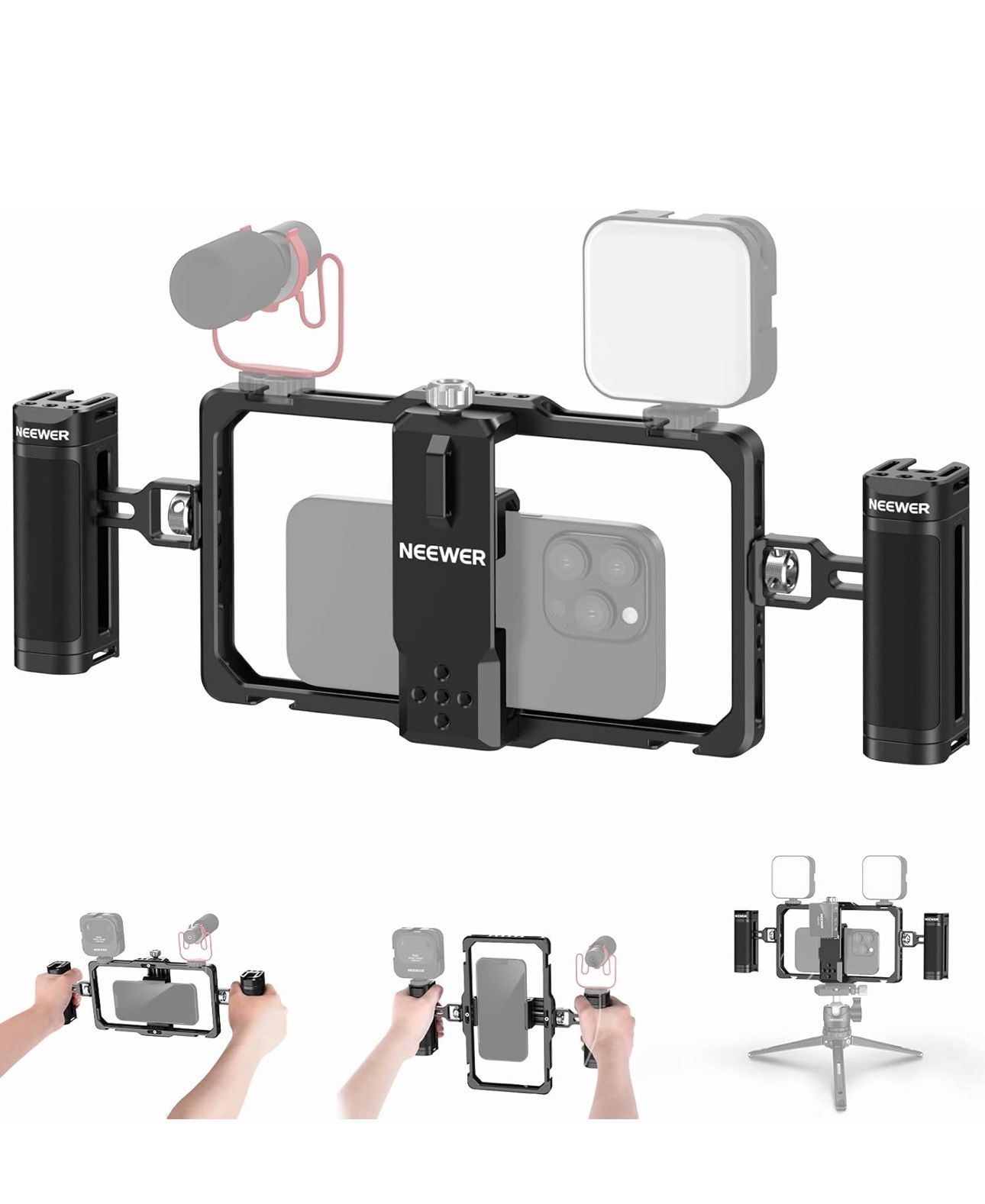 NEEWER Upgraded Phone Rig Vlogging Kit, Video Stabilizer with Dual Handle, Wireless Mic Clip Slot for Tiktok/YouTube, Compatible with SmallRig