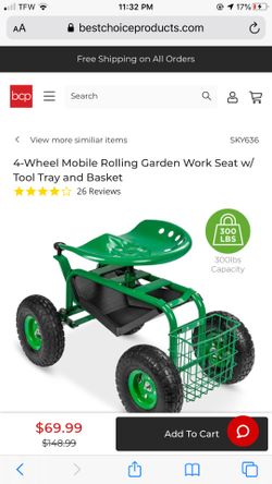 4-Wheel Mobile Rolling Garden Work Seat w/ Tool Tray and Basket