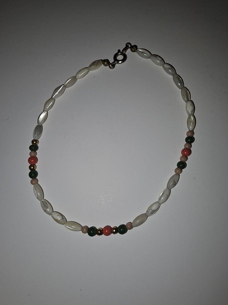Vintage Carved Shell Pearl Bracelet/Anklet With Small Jade & Red Coral