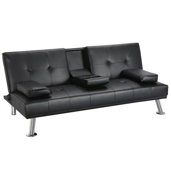 .Leather Futon w/ Cupholders & Pillows, Black