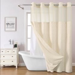 Cream No Hook Shower Curtain and Fabric Liner Set, Boho Tufted Chevron Striped and Shabby Chic Textured Shower Curtain with a See-Through Top Window,