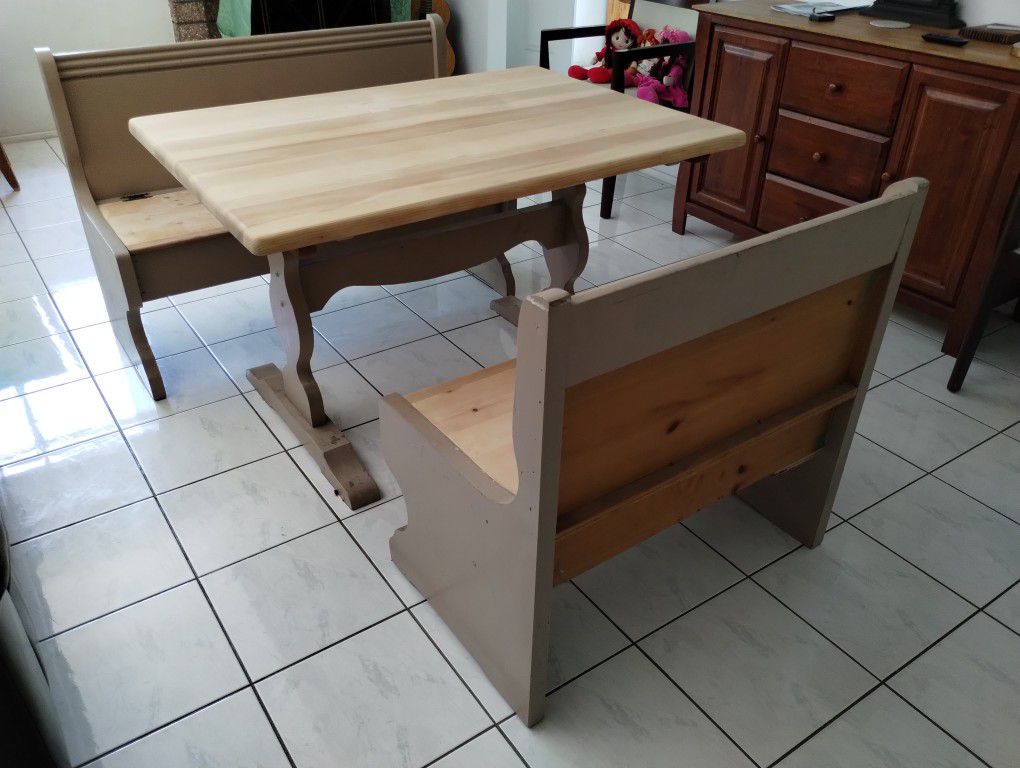 Table, Kitchen Table & 2 Benches, Solid Wood 