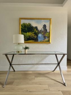 Vintage 60" Chrome & Glass Dining Table/Writing Desk – Mid-Century Modern X-Base