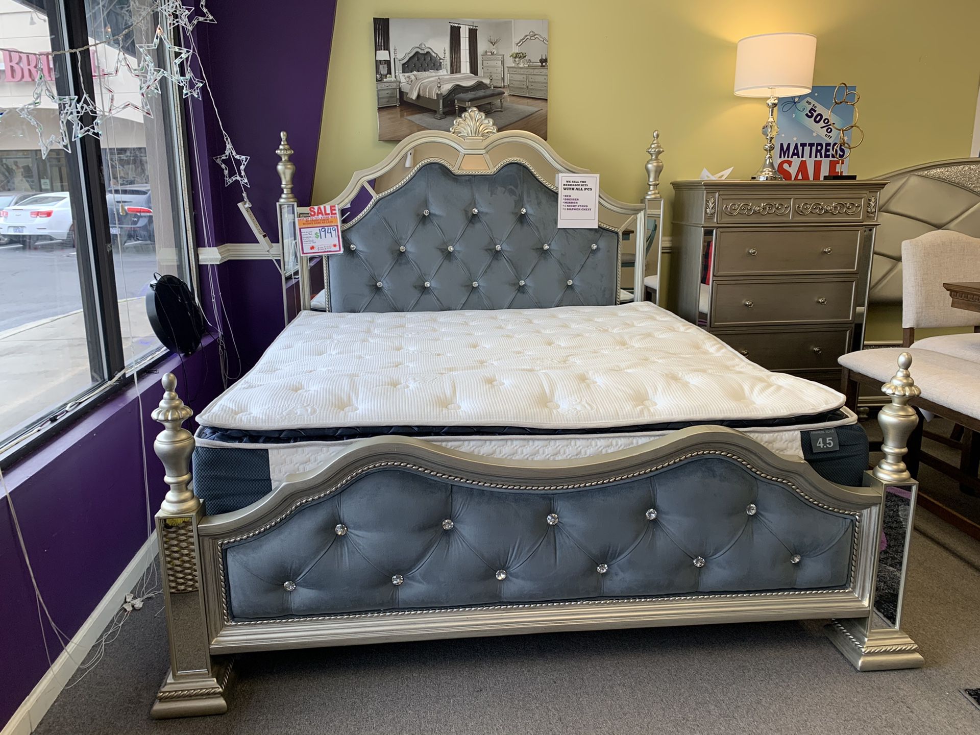 AMAZING SILVER GREY VELVET QUEEN BEDROOM SET WITH EVERYTHING INCLUDED!!! EASY FINANCE WITH NO CREDIT CHECK!!!