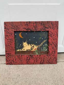 Primitive Folk Art Cat & Moon Wood Wall Décor – Rustic Red Frame
