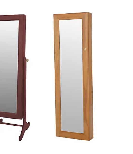 New Lori Greiner Honey Oak Wood Large Wall Mount Mirror And Jewelry Cabinet