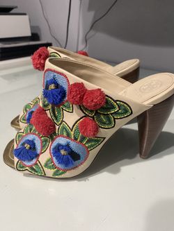 Tory Burch “Ellis” Embroidered Leather Mules With Pom Poms Wood Stack Heel