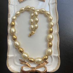 Vintage Signed Napier faux oval pearl beads, gold oval beads necklace