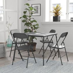 5 Piece Commercial Folding Card Table and Chair Set - Gray Vinyl Tabletop - Gray Metal Frames - Seating for 4