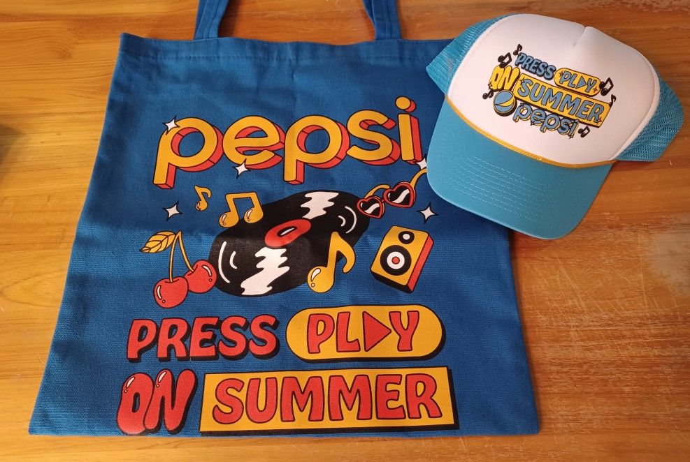Pepsi Cola Press Play on Summer hat and tote bag