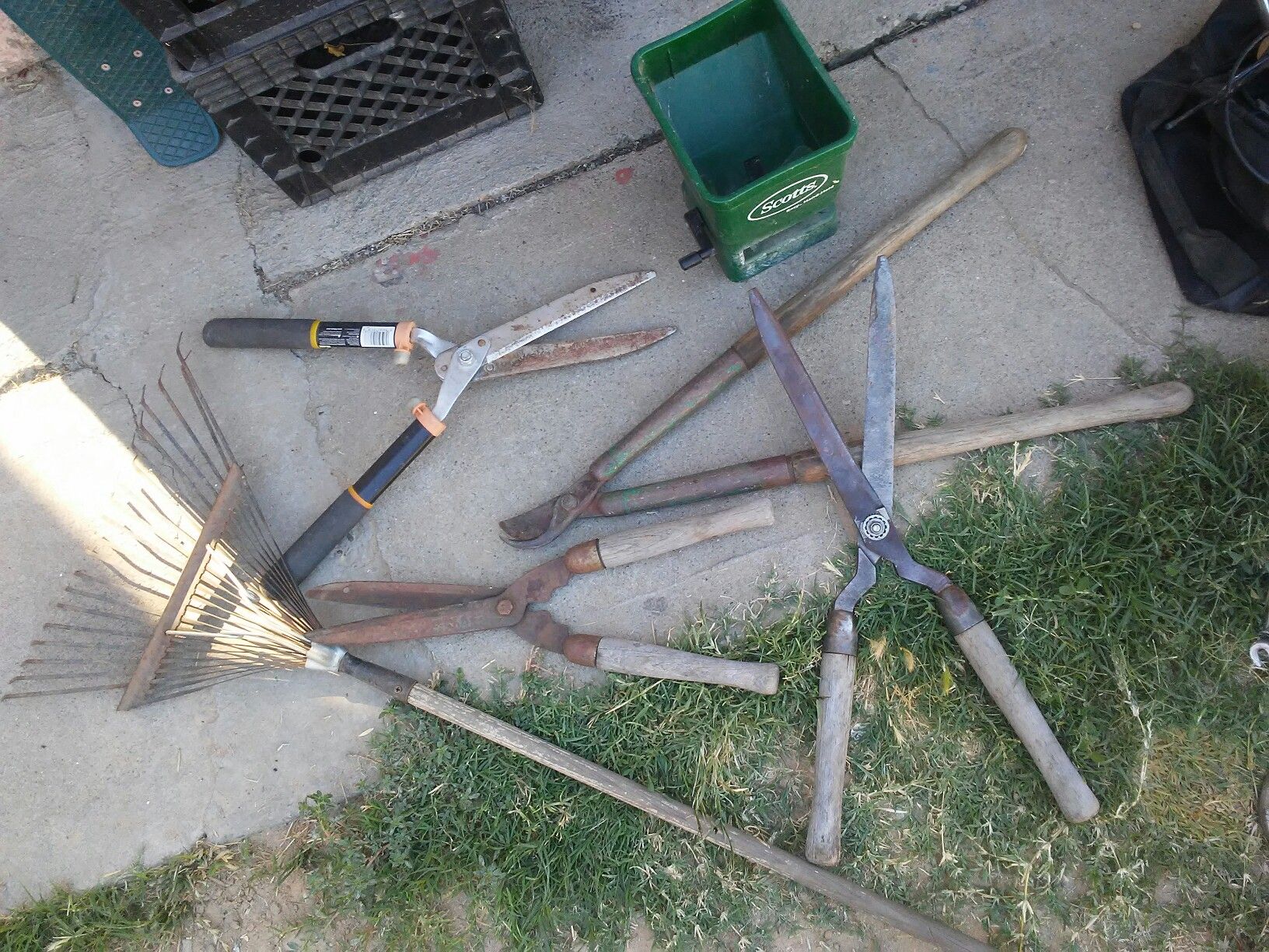 rake. pruning shears . hedge trimmers. bush trimmers fertilizer