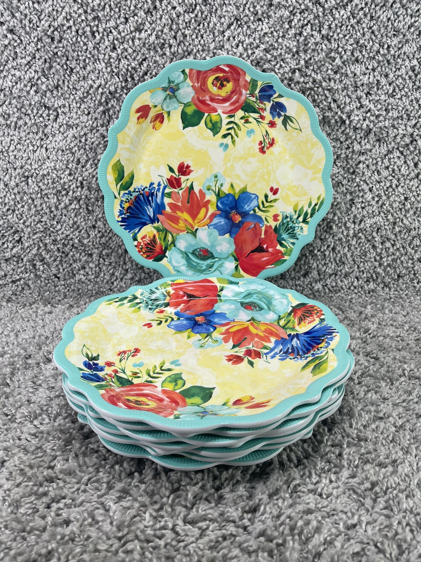 The Pioneer Woman Delaney Dinner Plates Teal And Flowers Set of 8 New With Tags