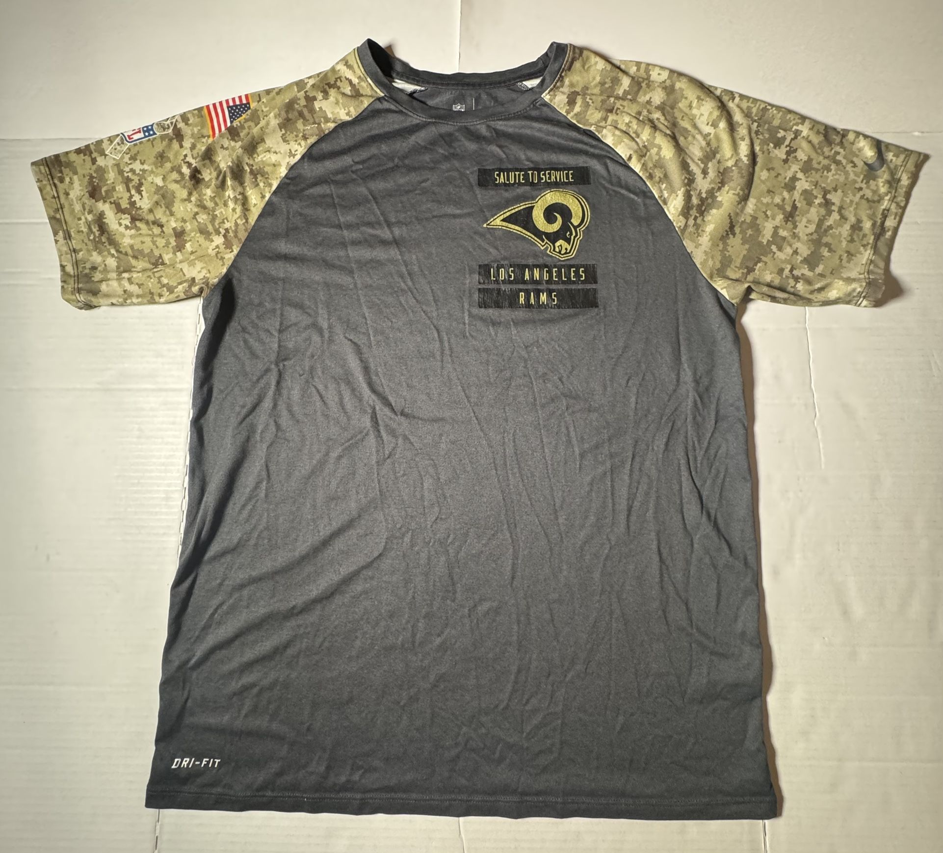 Pre Owned Fair Last Photo Print Cracking Nike Dri Fit  On Field  T Shirt LA Rams Los Angeles Salute To Service Military Printed Camo Green Desert Tan 
